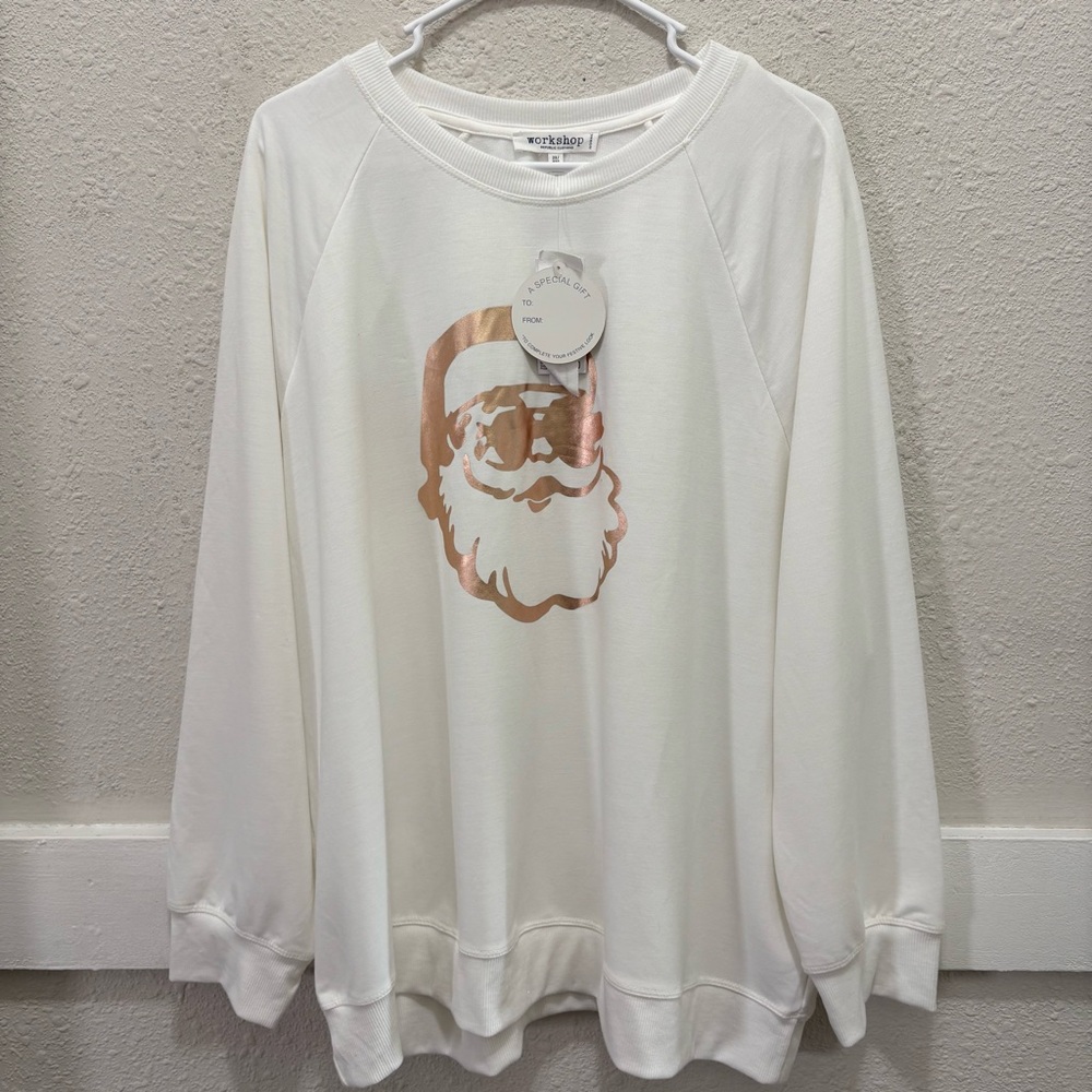 Workshop Republic Clothing White Pullover with Metallic Santa in Shades NWT 2X